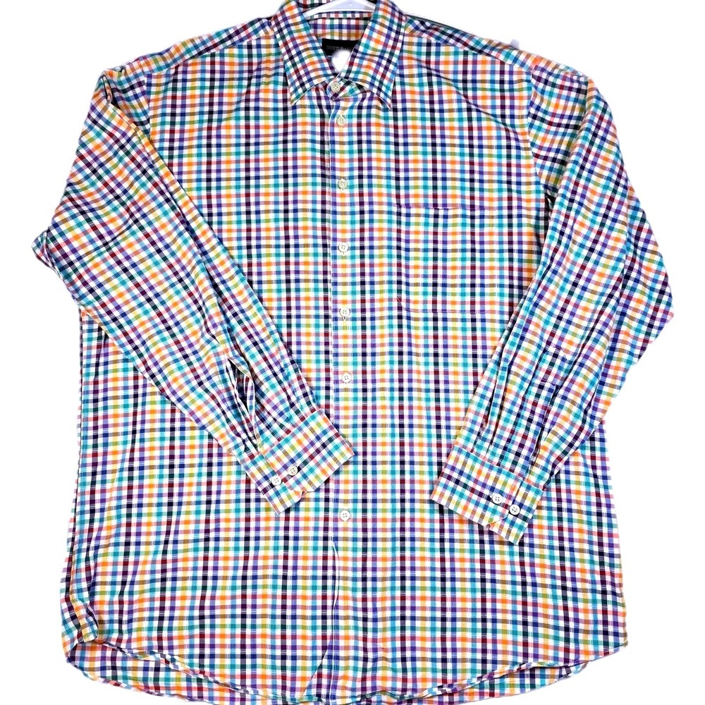 SCOTT BARBER Mens XL Rainbow Gingham Plaid Shirt Cotton Button Down XL‎